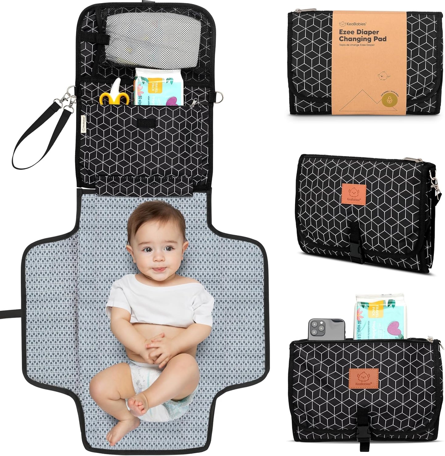 KeaBabies Ezee Portable Diaper Changing Pad in Black Geo front view