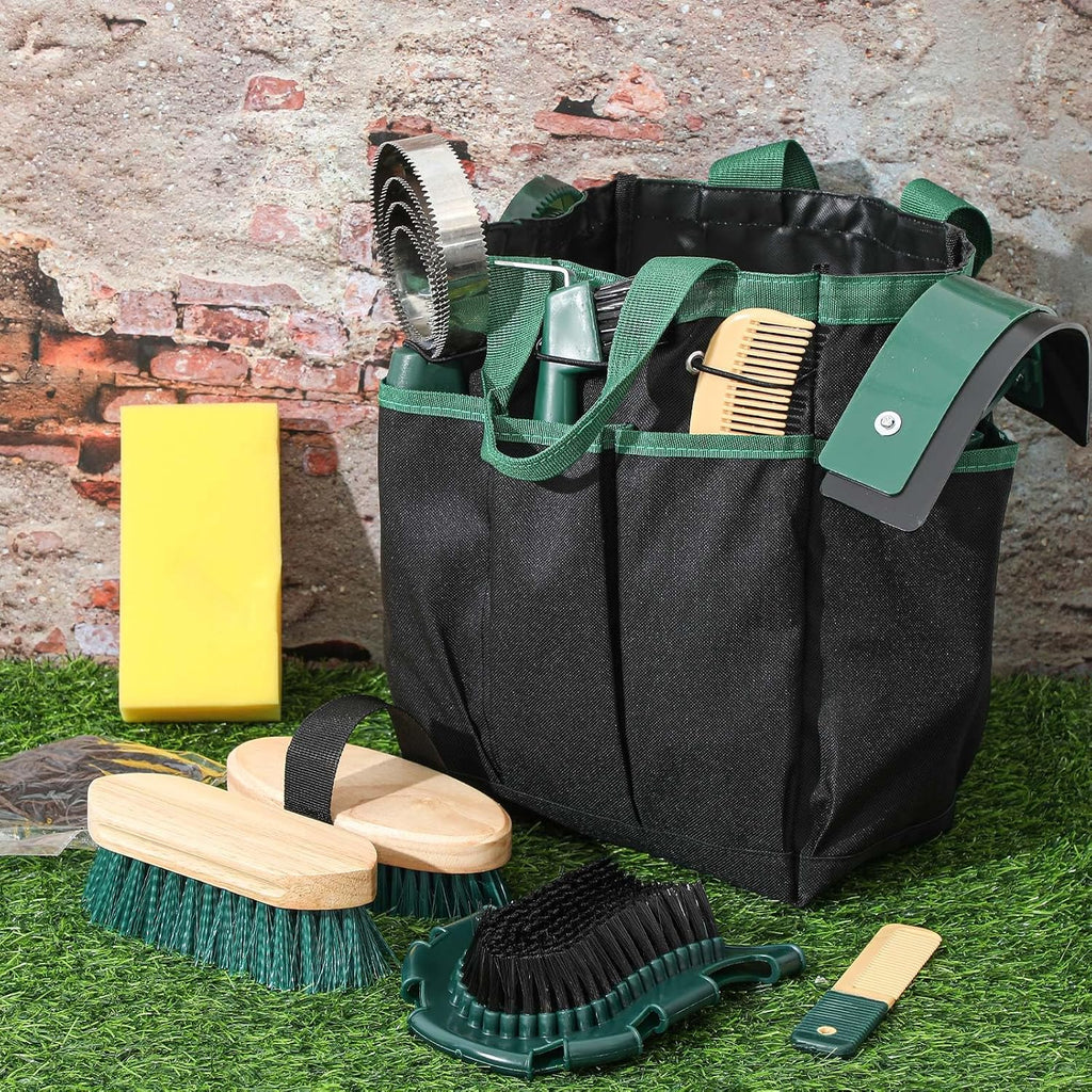 Close up of the Abbylike multi pocket organizer tote bag with adjustable shoulder strap for easy tack room storage.