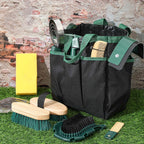 Close up of the Abbylike multi pocket organizer tote bag with adjustable shoulder strap for easy tack room storage.