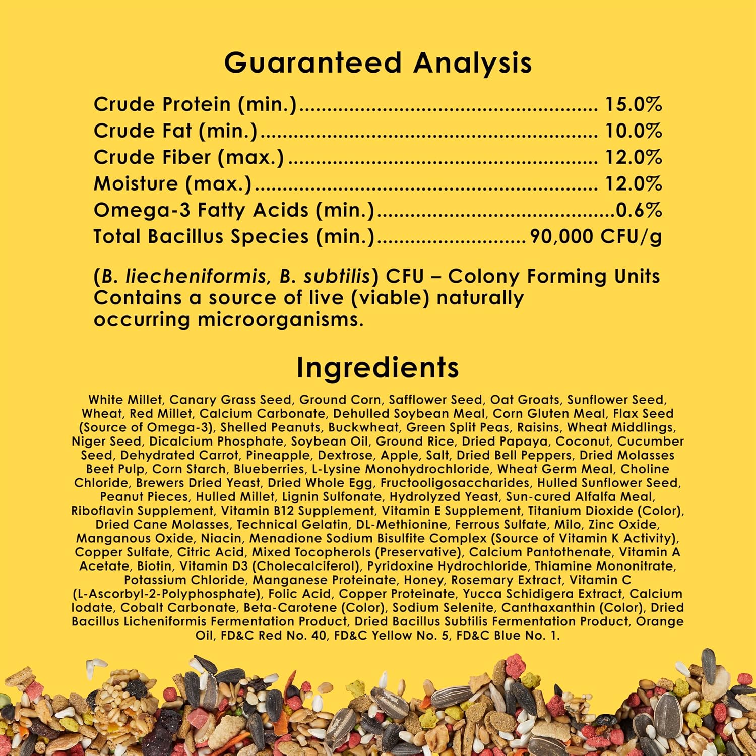 Healthy foraging blend for pet birds showcasing vitamins and omega-3 ingredients.