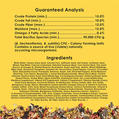 Healthy foraging blend for pet birds showcasing vitamins and omega-3 ingredients.