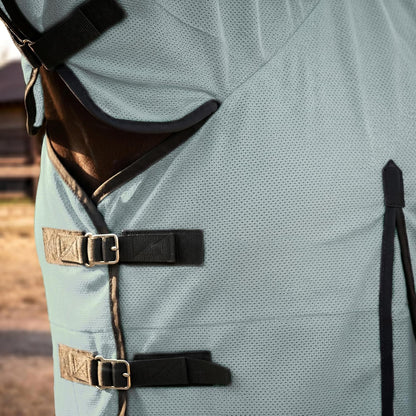 Close up of adjustable belly wrap buckles on breathable mesh sheet