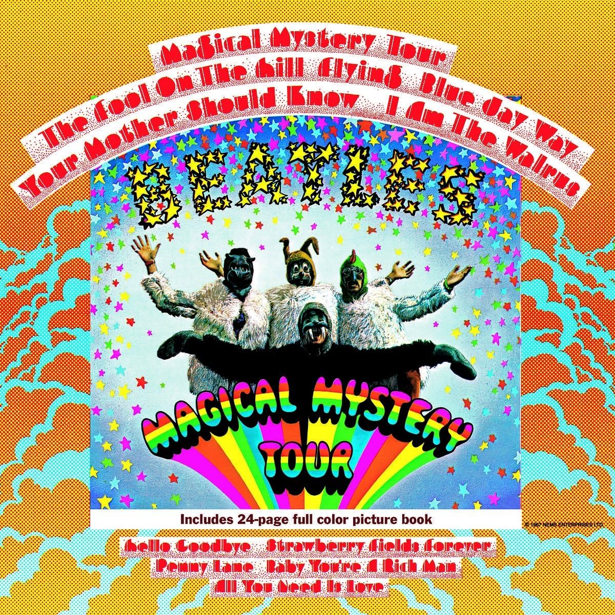 The Beatles Magical Mystery Tour vinyl LP front cover artwork showing colorful costumes