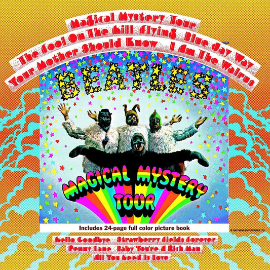The Beatles Magical Mystery Tour vinyl LP front cover artwork showing colorful costumes