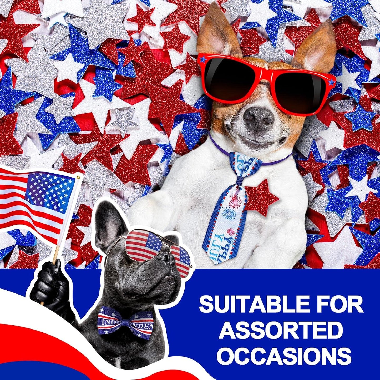 Adjustable patriotic pet neckties and bowties displayed in bulk for small and medium dogs.