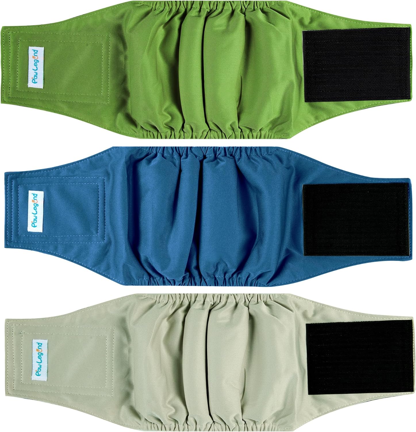 Paw Legend Washable Male Dog Belly Band Diapers front view showing the three pack color selection