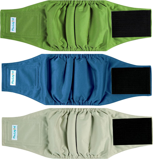 Paw Legend Washable Male Dog Belly Band Diapers front view showing the three pack color selection