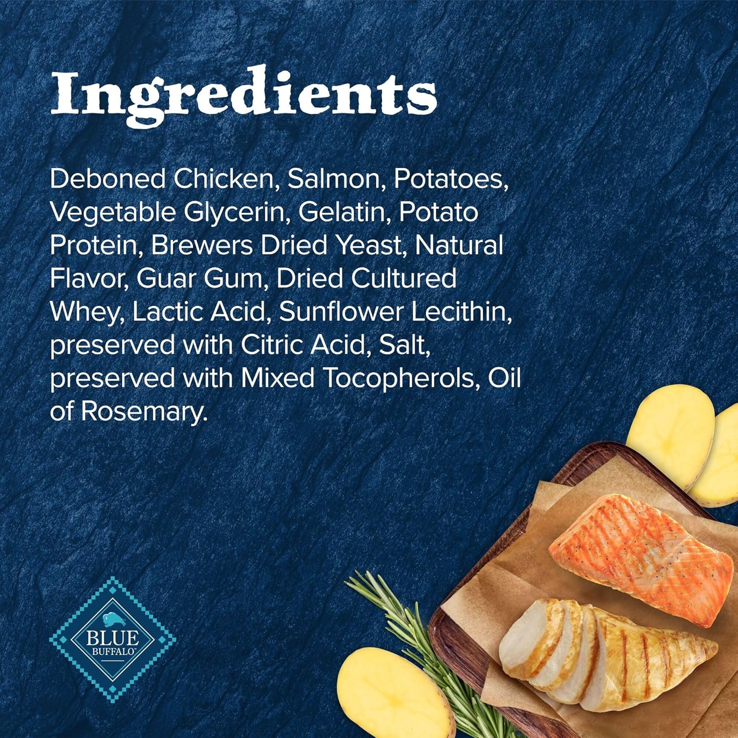 Close up of Blue Buffalo Wilderness chicken and salmon cat treat packaging