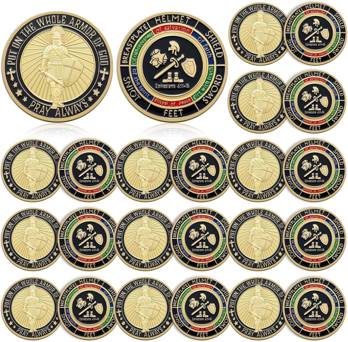 Nosiny Armor of God Coins twenty piece pack front view showcasing detailed Christian scriptural engravings.