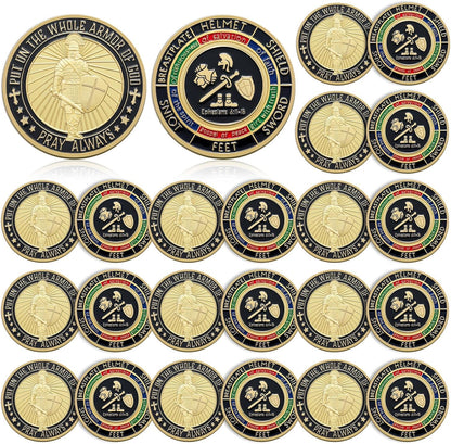 Nosiny Armor of God Coins twenty piece pack front view showcasing detailed Christian scriptural engravings.