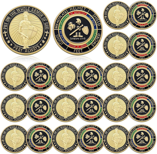Nosiny Armor of God Coins twenty piece pack front view showcasing detailed Christian scriptural engravings.