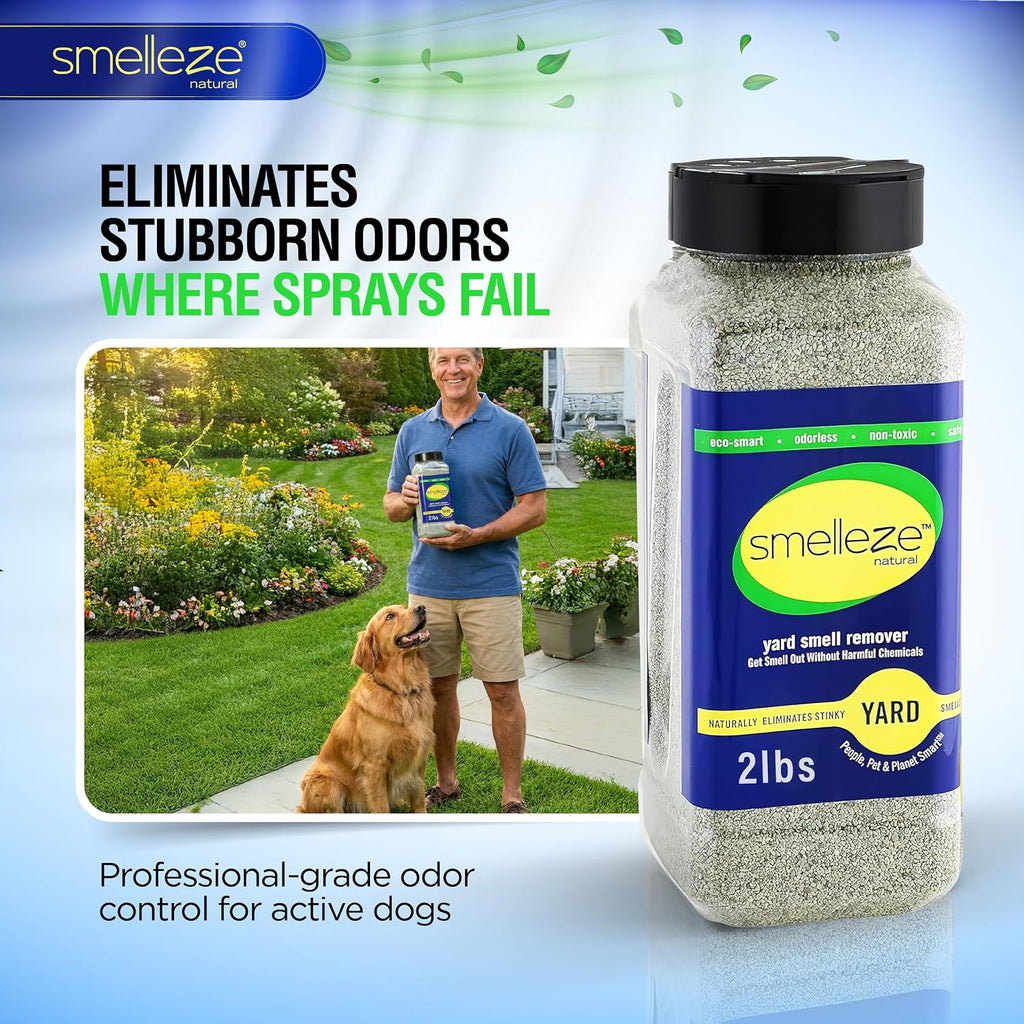 Smelleze natural pet urine deodorizer granules sprinkled on green lawn grass