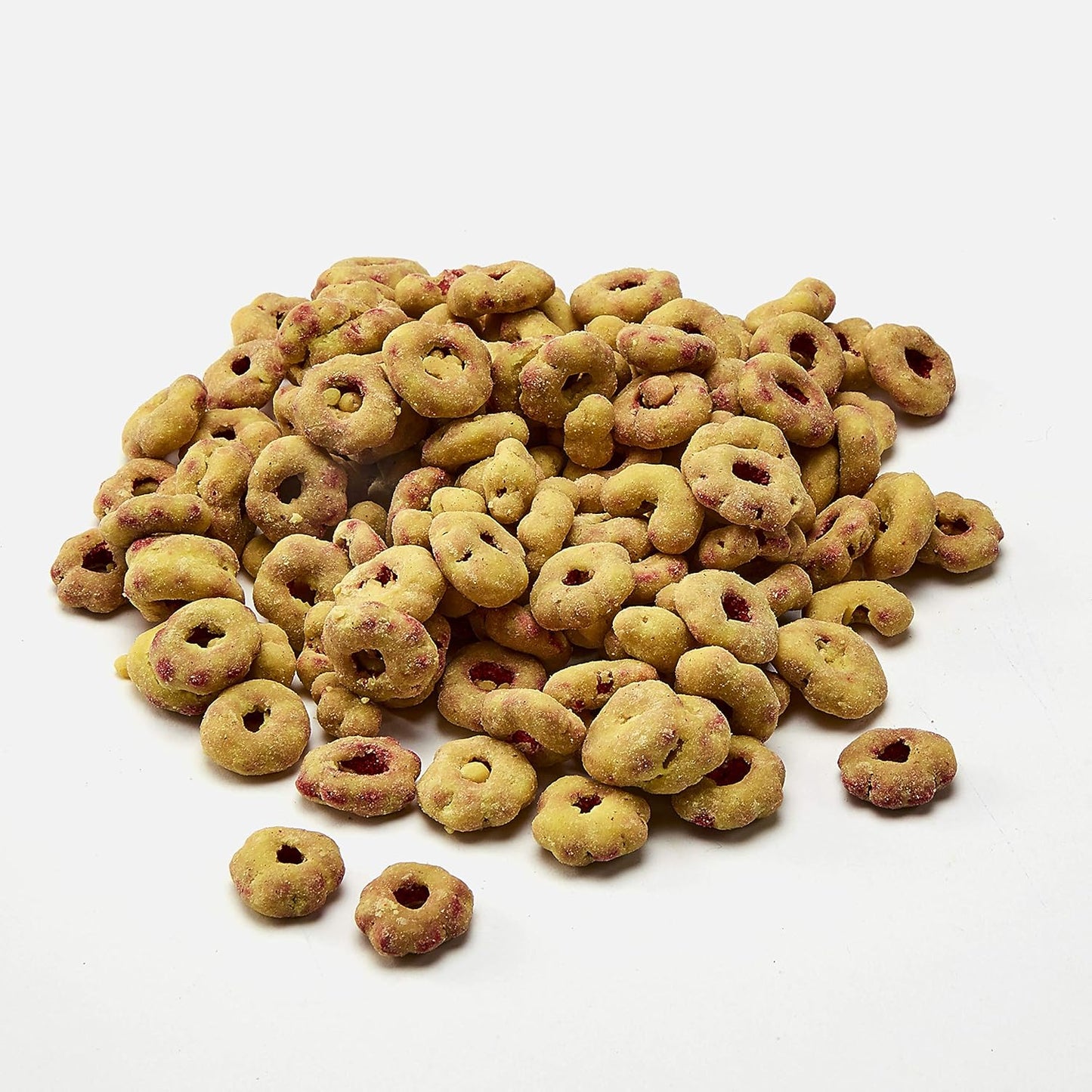 Close up of strawberry banana flavored yogurt bird treats in a bowl