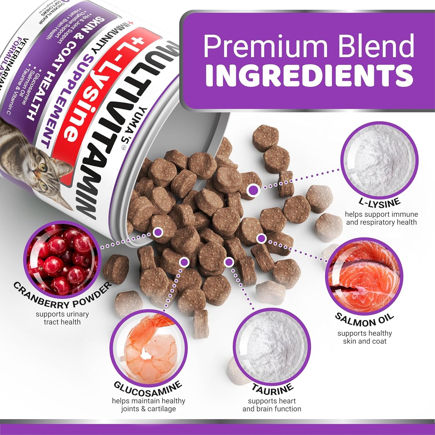 Chicken flavored cat multivitamin treats containing glucosamine for joint support.