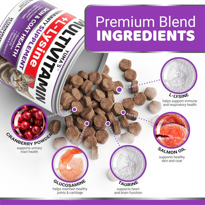 Chicken flavored cat multivitamin treats containing glucosamine for joint support.
