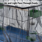 Adjustable bird seed catcher installed on parrot enclosure