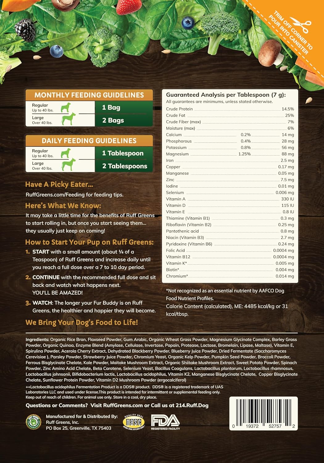 Back of Ruff Greens dog supplement package showing ingredients.