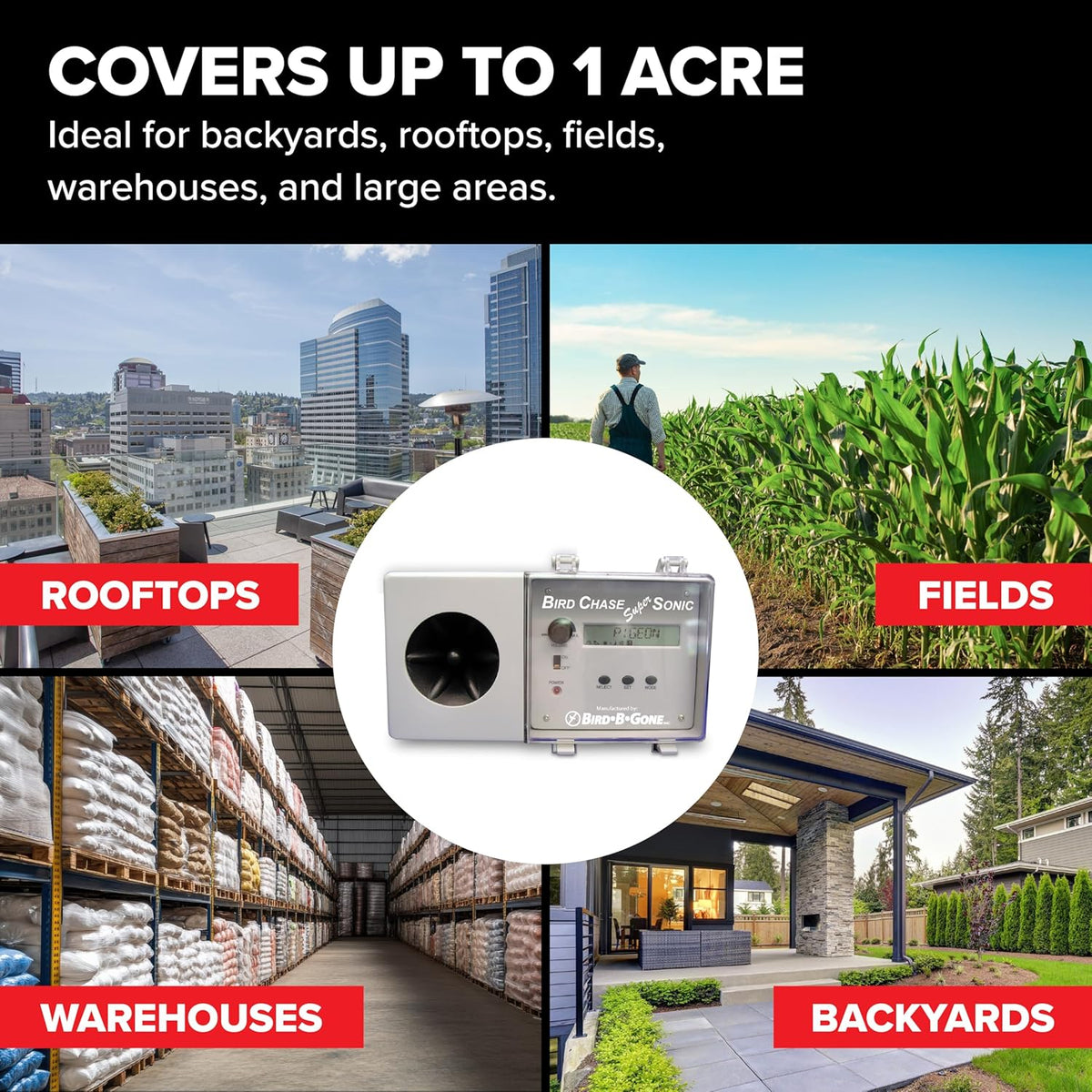 Bird B Gone sound repellent unit installed in a large commercial yard