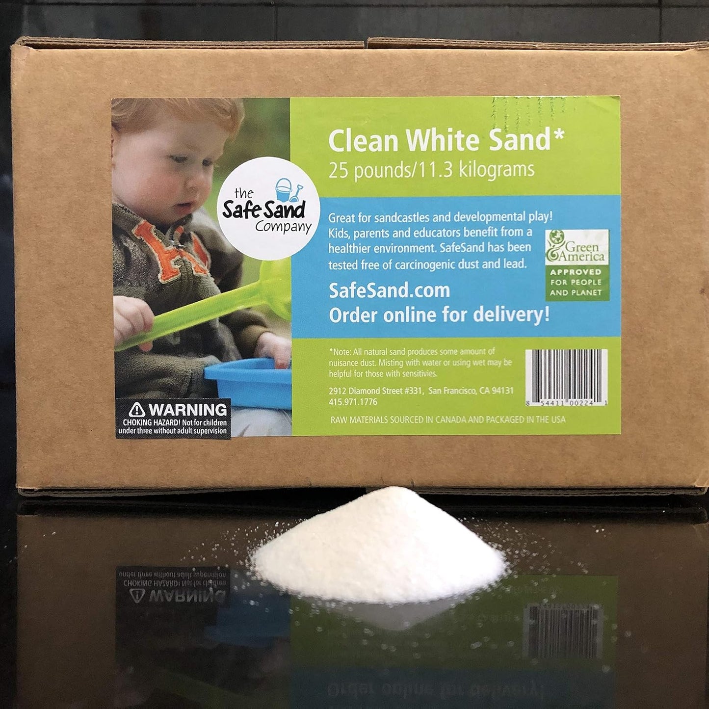Safe Sand natural white playsand twenty five pound box front view packaging