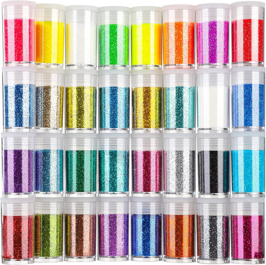 Teenitor Fine Glitter Set front view showing thirty two colorful jars organized neatly