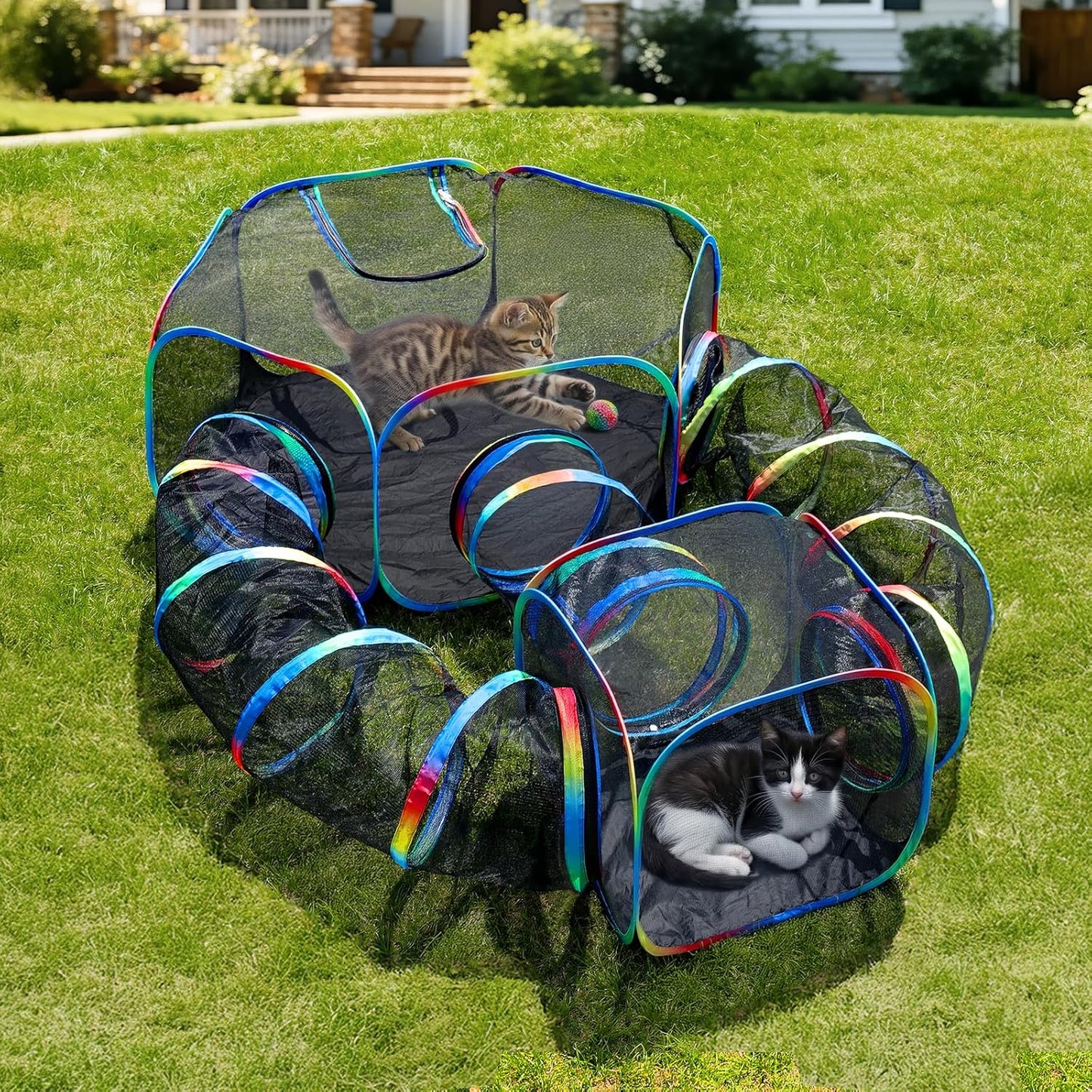 Pettzery outdoor 5-in-1 portable cat tunnels front view showcasing the rainbow mesh design in a backyard.