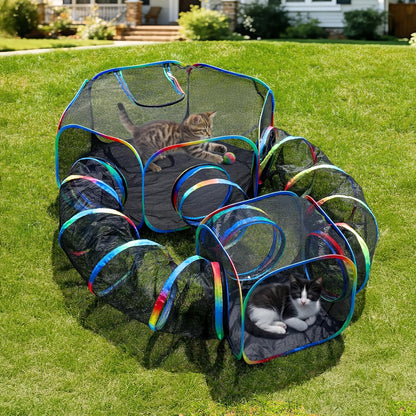 Pettzery outdoor 5-in-1 portable cat tunnels front view showcasing the rainbow mesh design in a backyard.