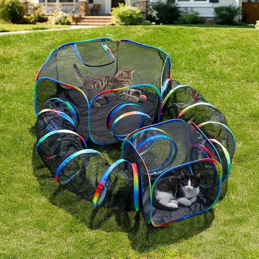 Pettzery outdoor 5-in-1 portable cat tunnels front view showcasing the rainbow mesh design in a backyard.