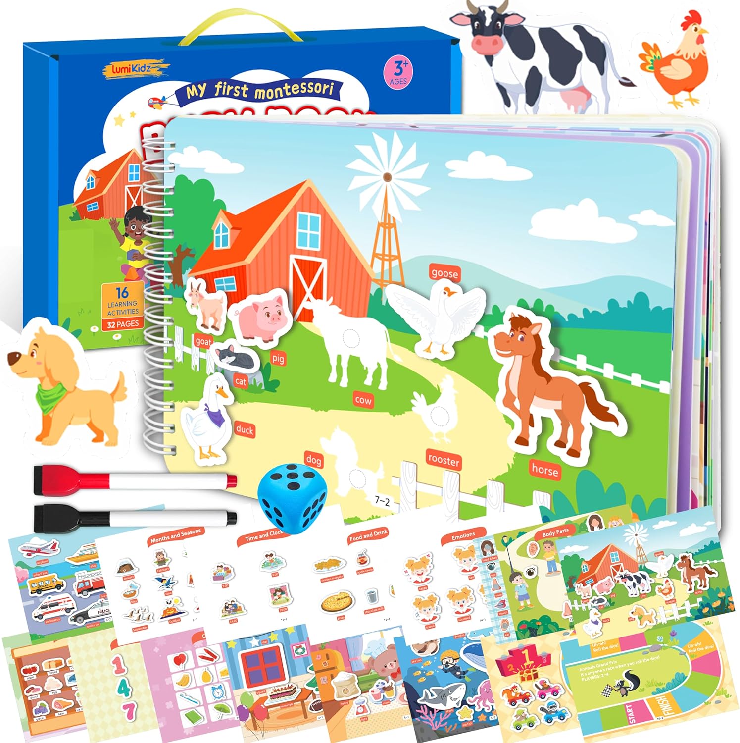 Lumikidz Montessori busy book front view showing colorful cover design for toddler preschool learning activities.