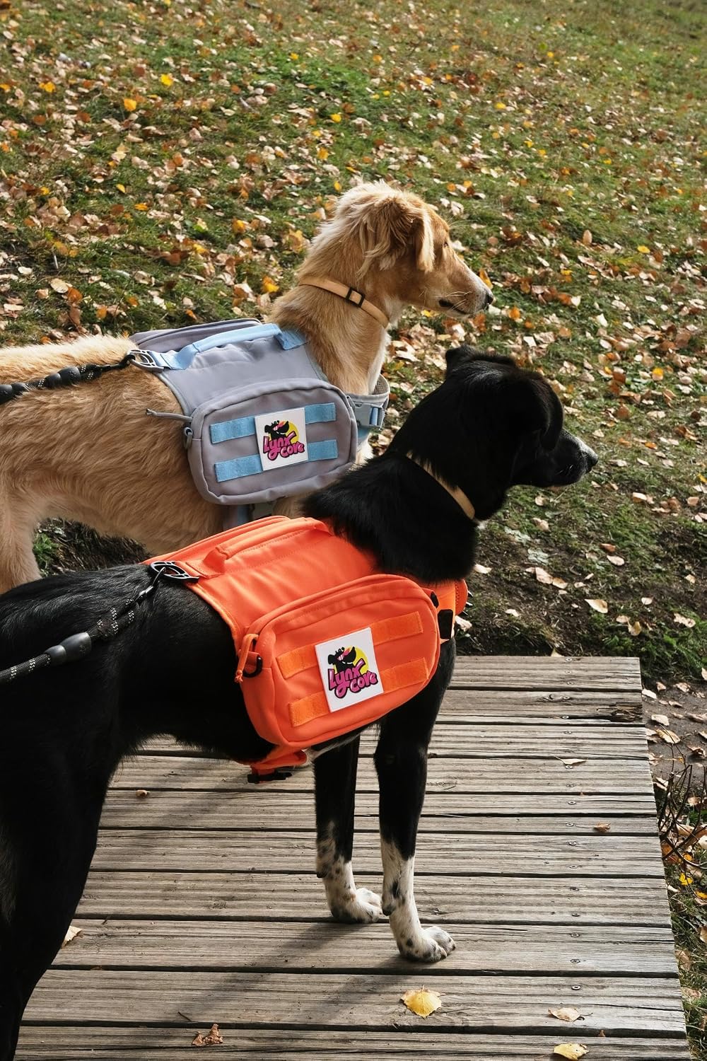 Lynxcore modular dog backpack with left pouch open displaying poop bag pocket