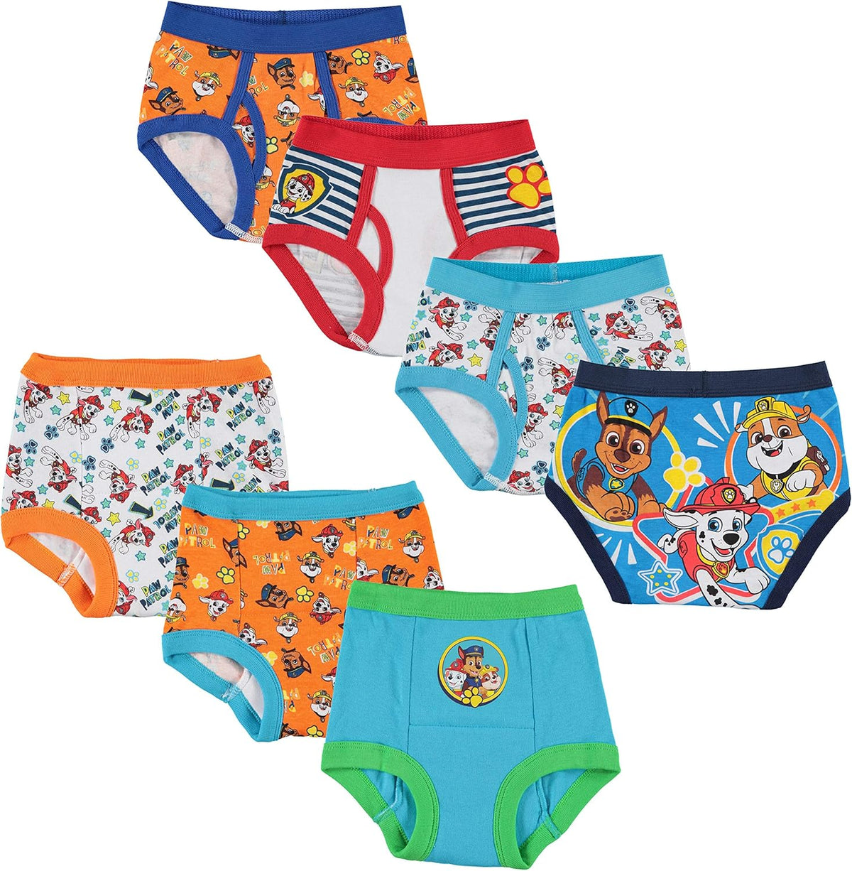 Paw Patrol boys potty training pants starter kit front view showing colorful cotton underwear featuring Chase and Marshall characters.
