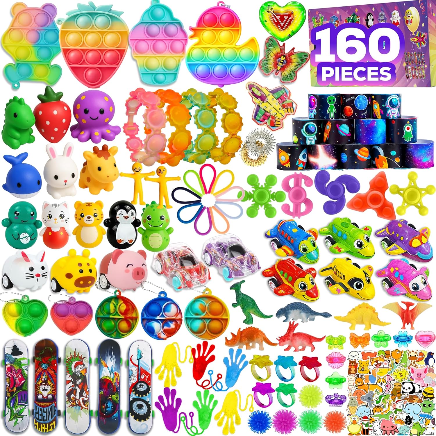 TwCare 160 Pieces Fidget Toys Party Favors Pack front view showing colorful assortment of bulk sensory items.