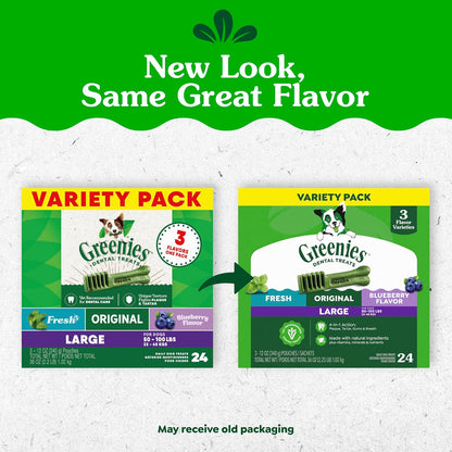 Greenies large breed canine dental chews in Original Fresh and Blueberry flavors
