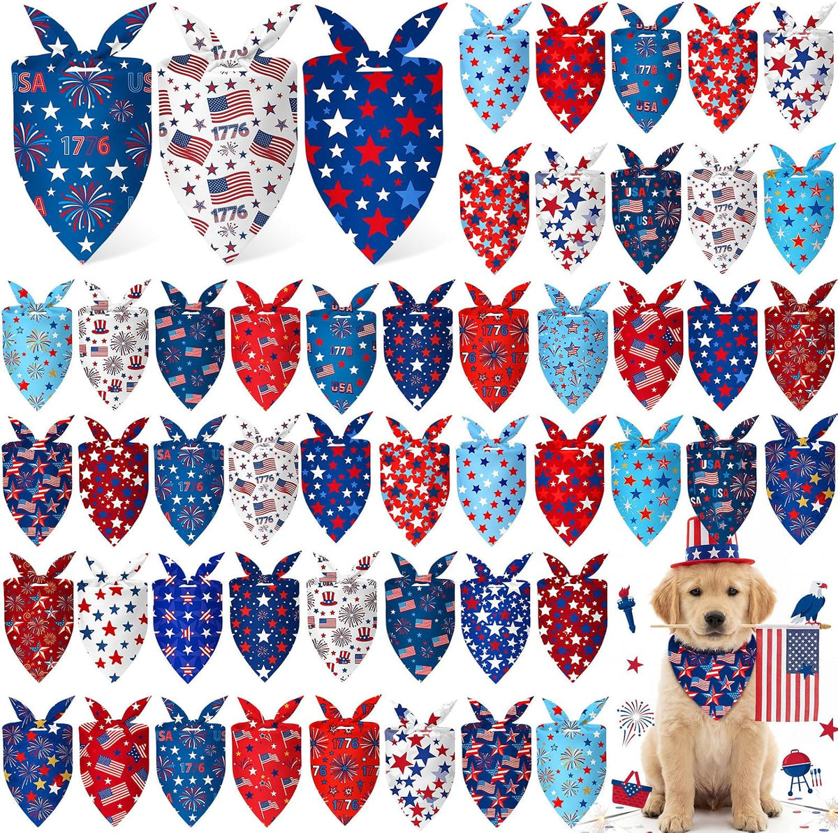 Abbylike 50 Pieces Patriotic Dog Bandanas set front view