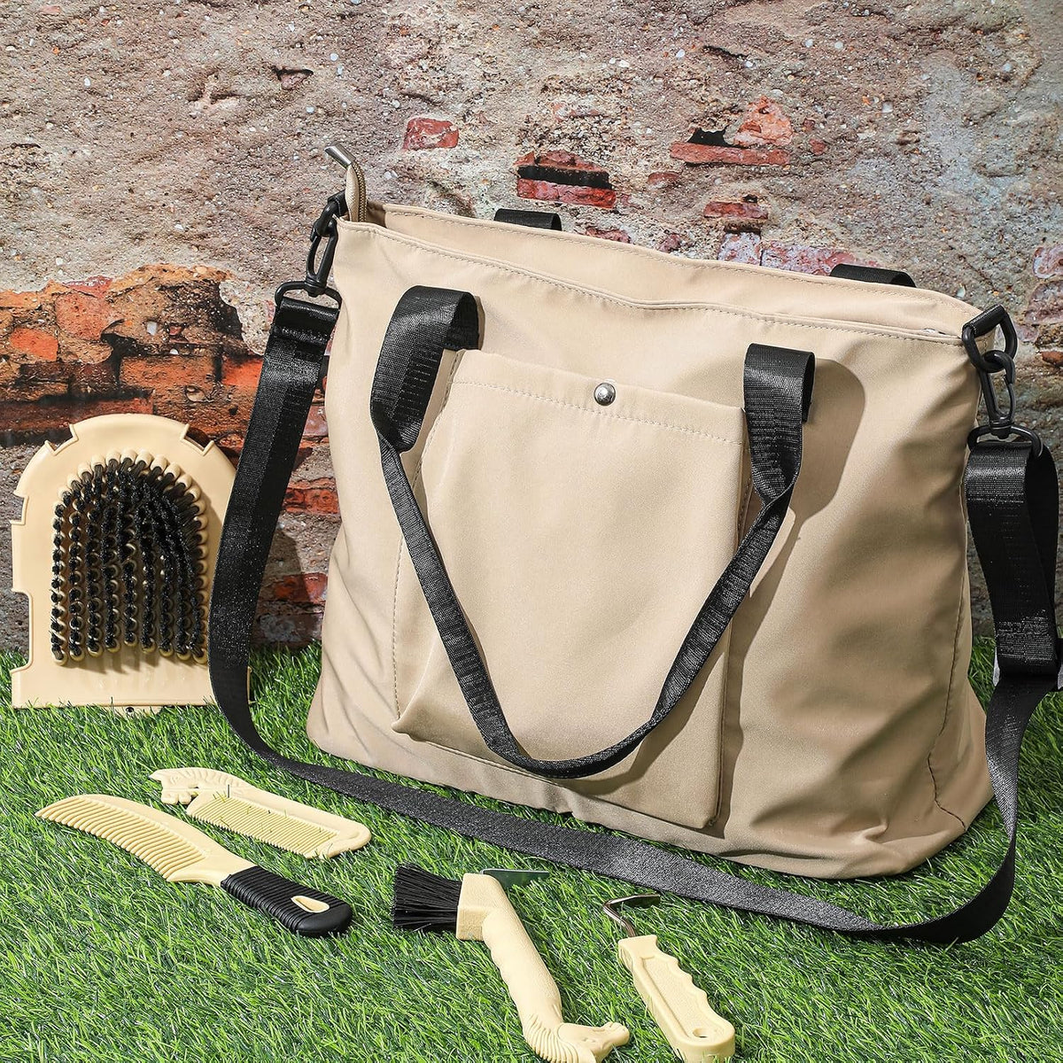 Side profile of the beige multi pocket storage tote bag packed with horse grooming supplies.