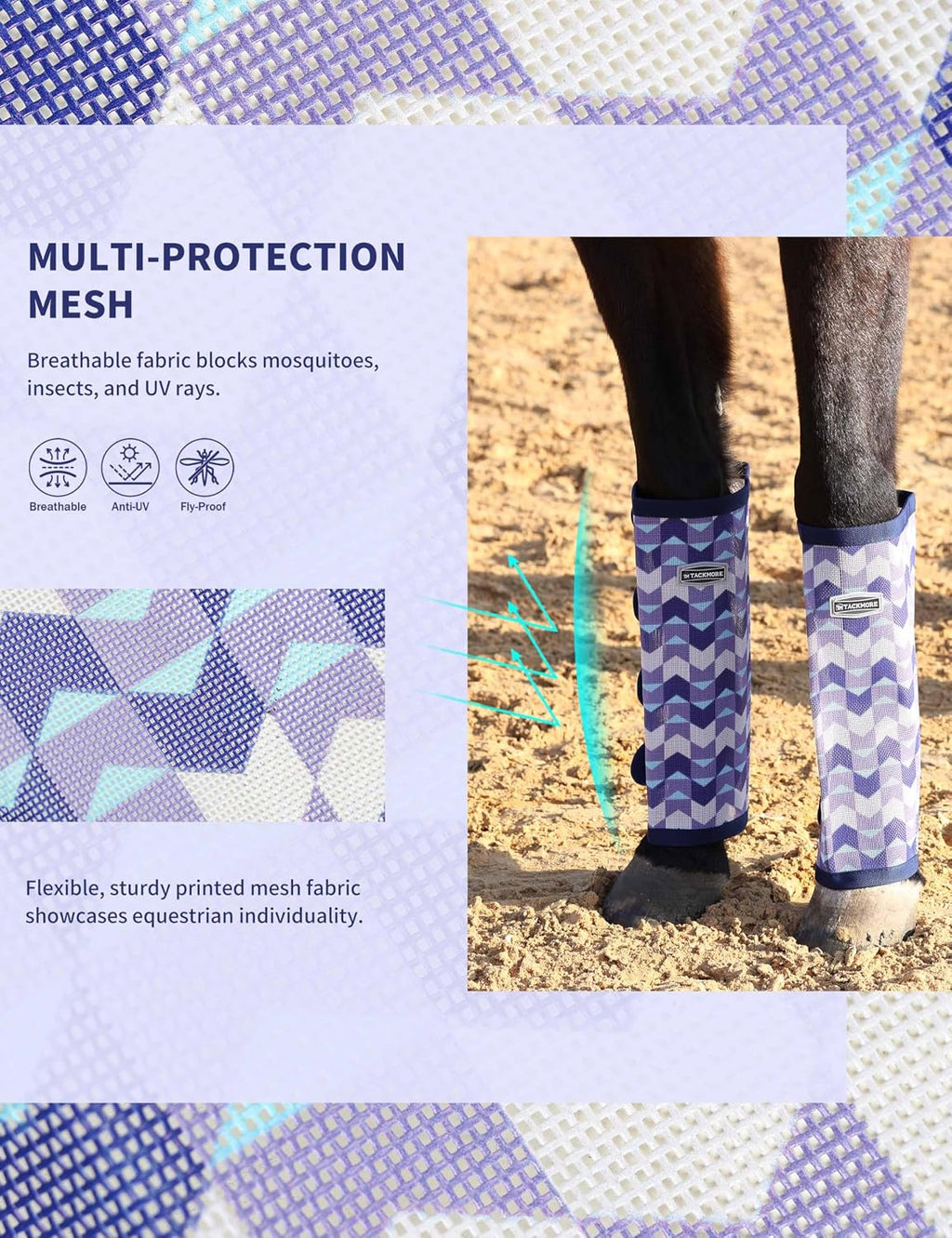 Tackmore breathable mesh horse leggings side view showing vertical support strips