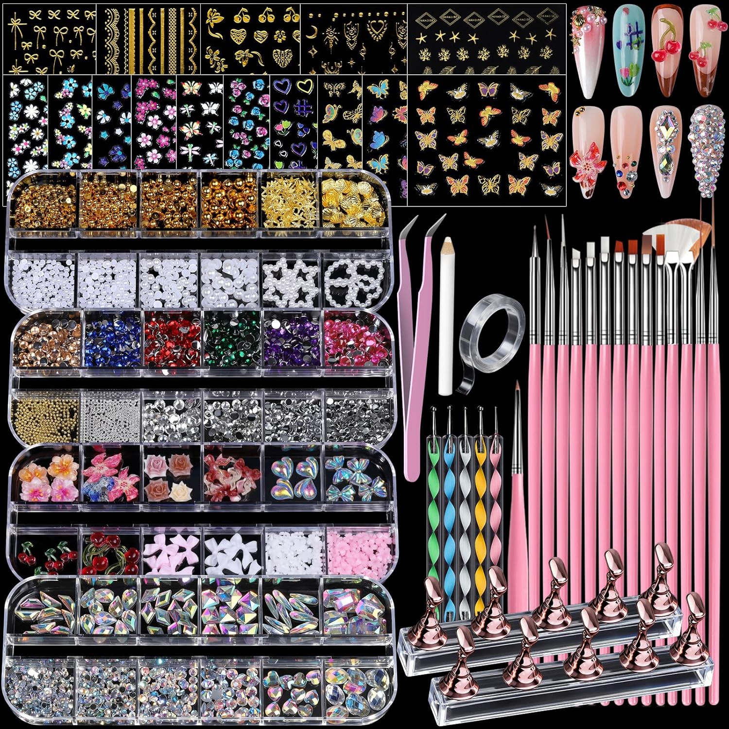 Teenitor nail art kit with 4 boxes of gems and brushes front view
