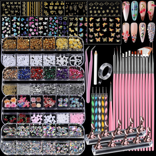 Teenitor nail art kit with 4 boxes of gems and brushes front view