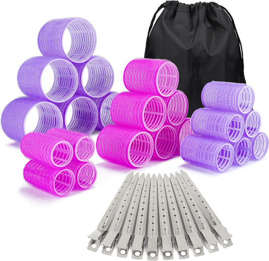 ELASO 33 Piece Self Grip Hair Rollers set front view showing purple and rose curlers