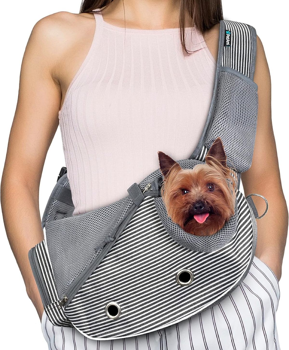 Lifestyle shot of PetAmi small dog sling for travel