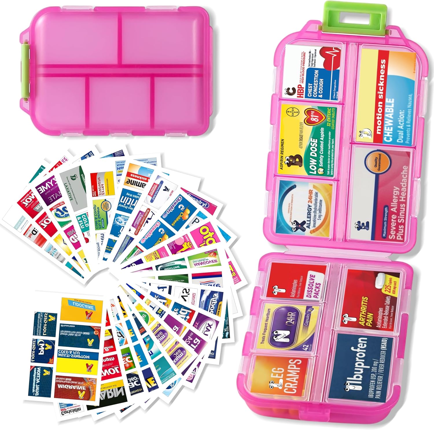 Iouwei pill organizer front view showing pink travel case with custom medicine labels