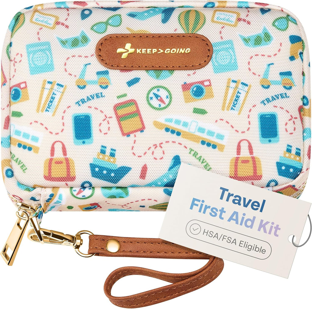 KeepGoing Travel First Aid Kit front view showing travel icons