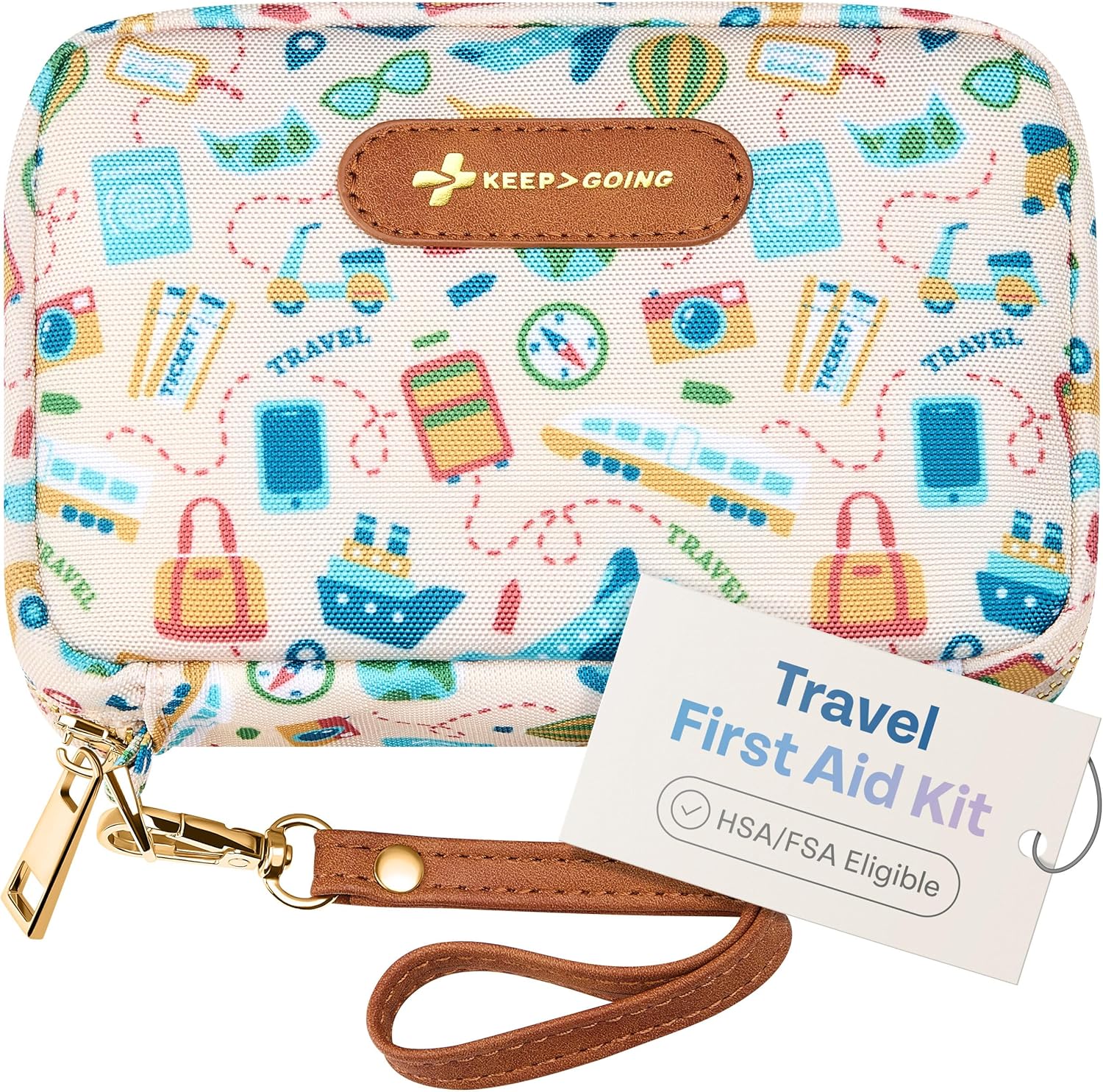KeepGoing Travel First Aid Kit front view showing travel icons