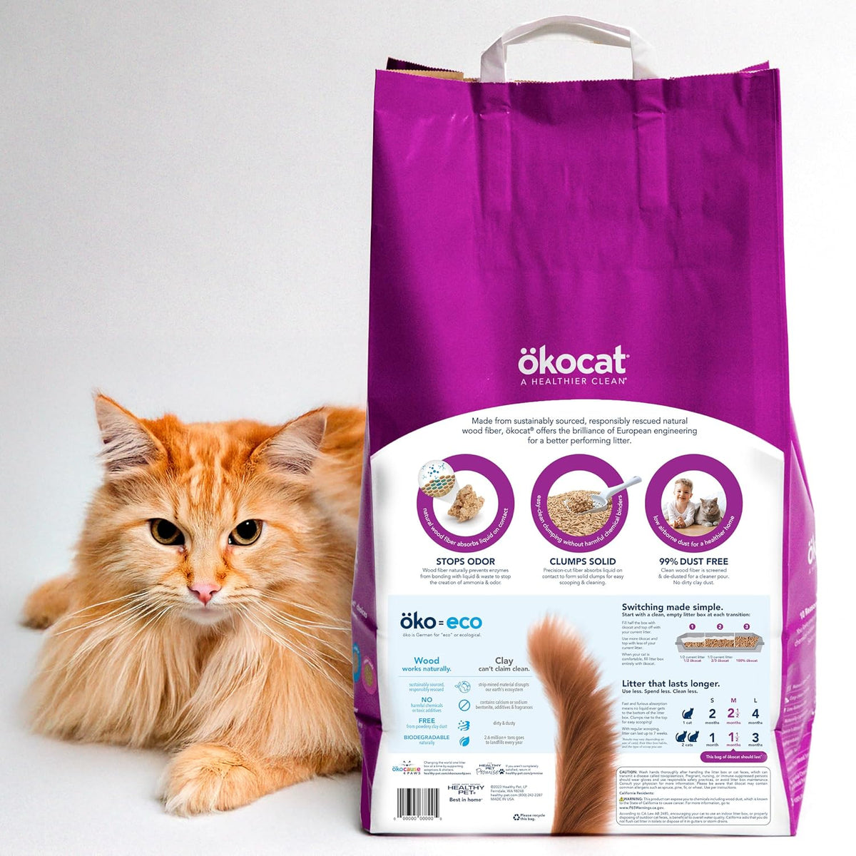Okocat wood litter inside a cat litter box