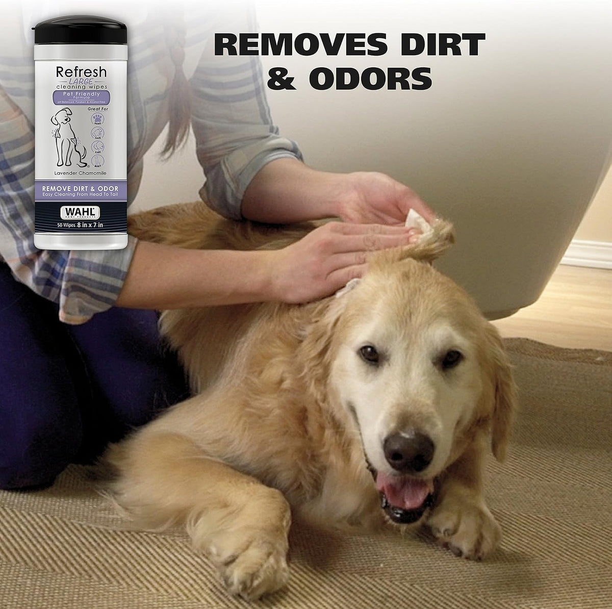 Wahl dog grooming wipes 50 count tub showing lavender scent label