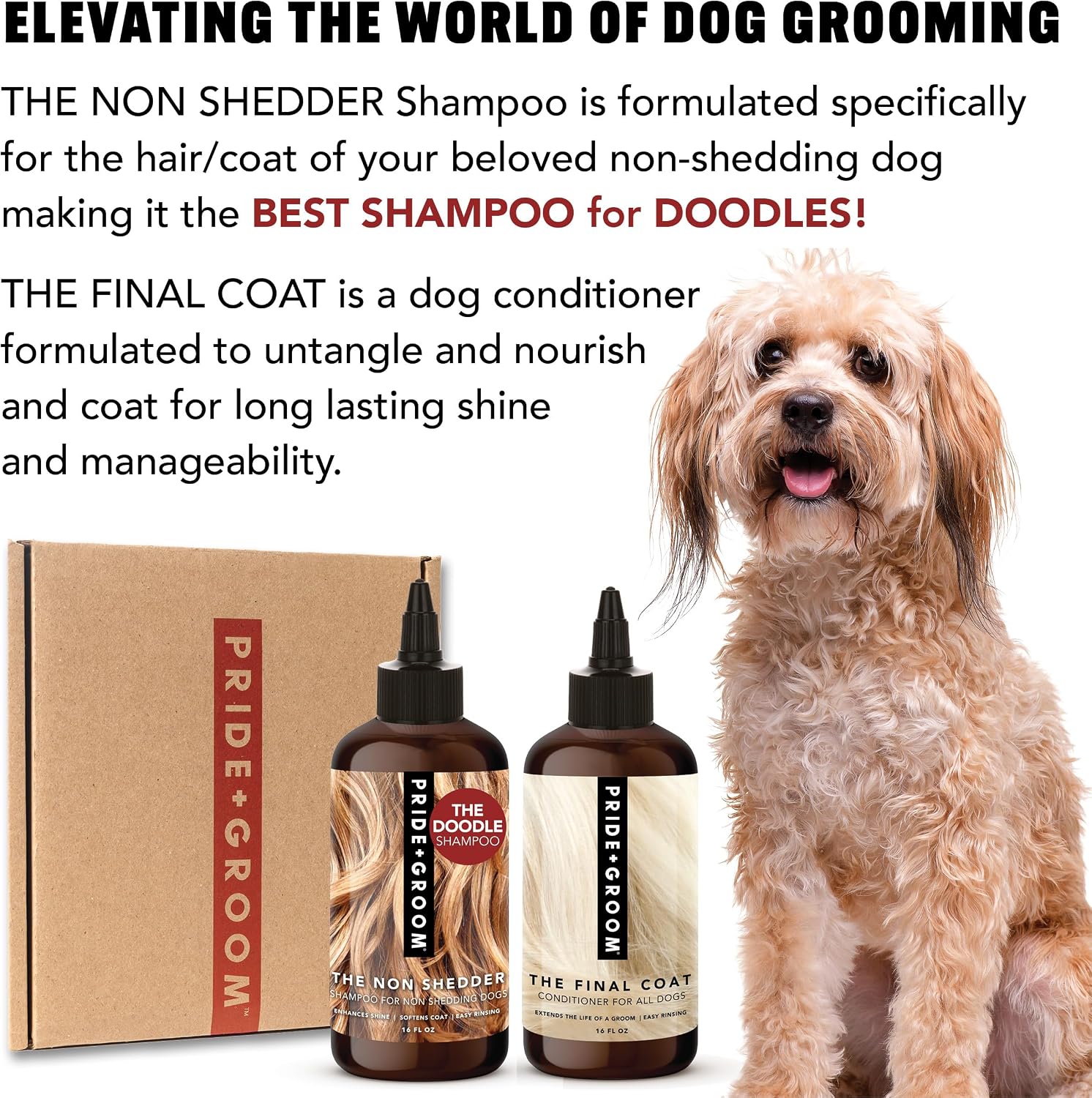Premium authentic USA imported Pride and Groom dog conditioner packaging close up