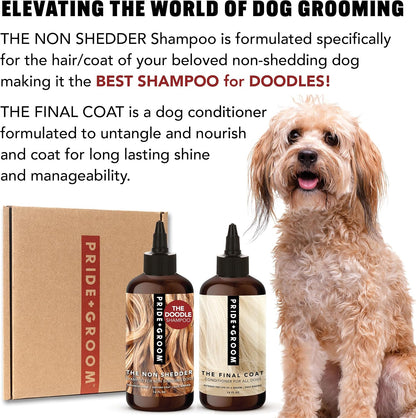 Premium authentic USA imported Pride and Groom dog conditioner packaging close up