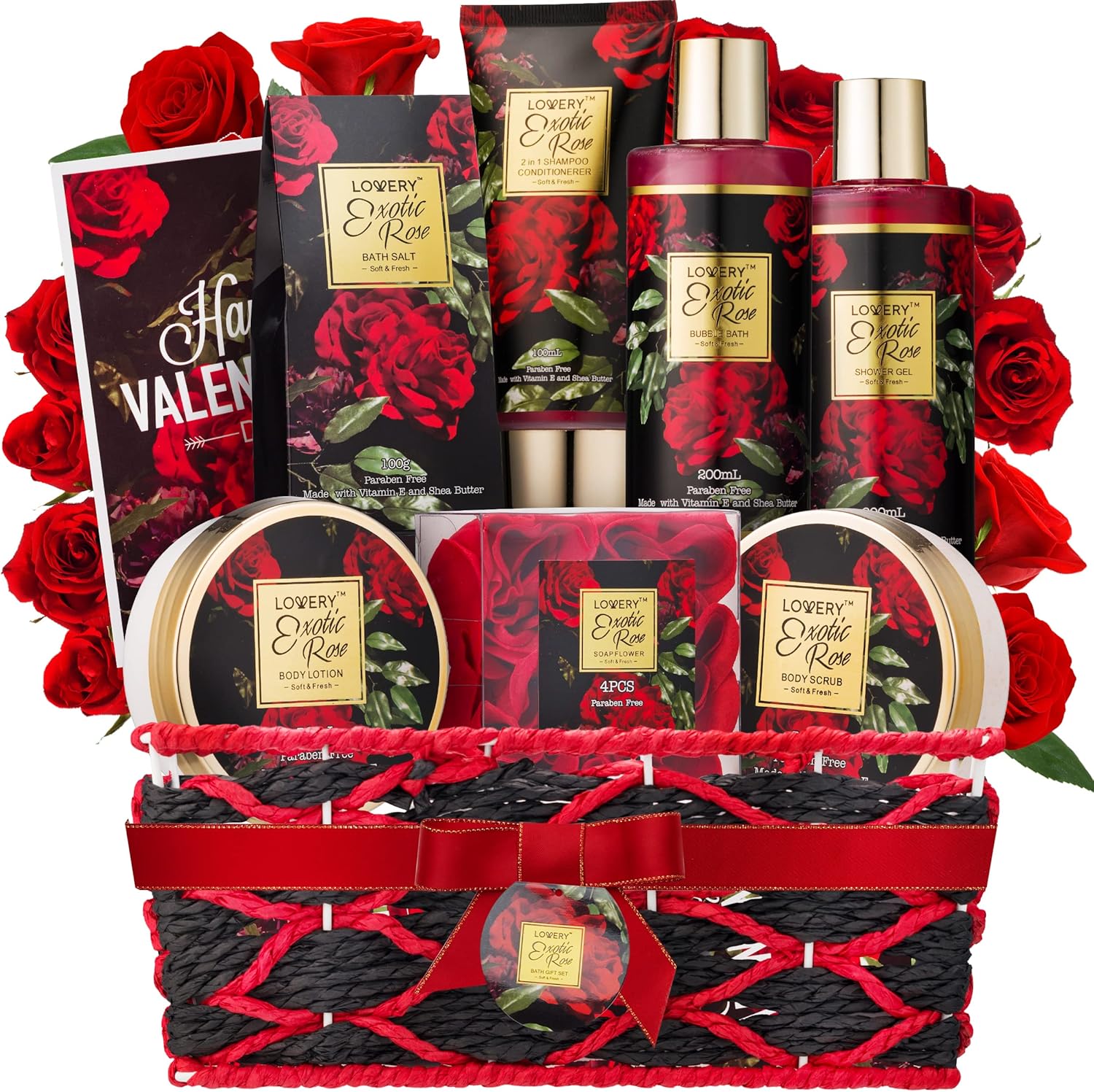 Lovery Exotic Rose Spa Gift Basket front view showing full 13 piece bath set in red basket