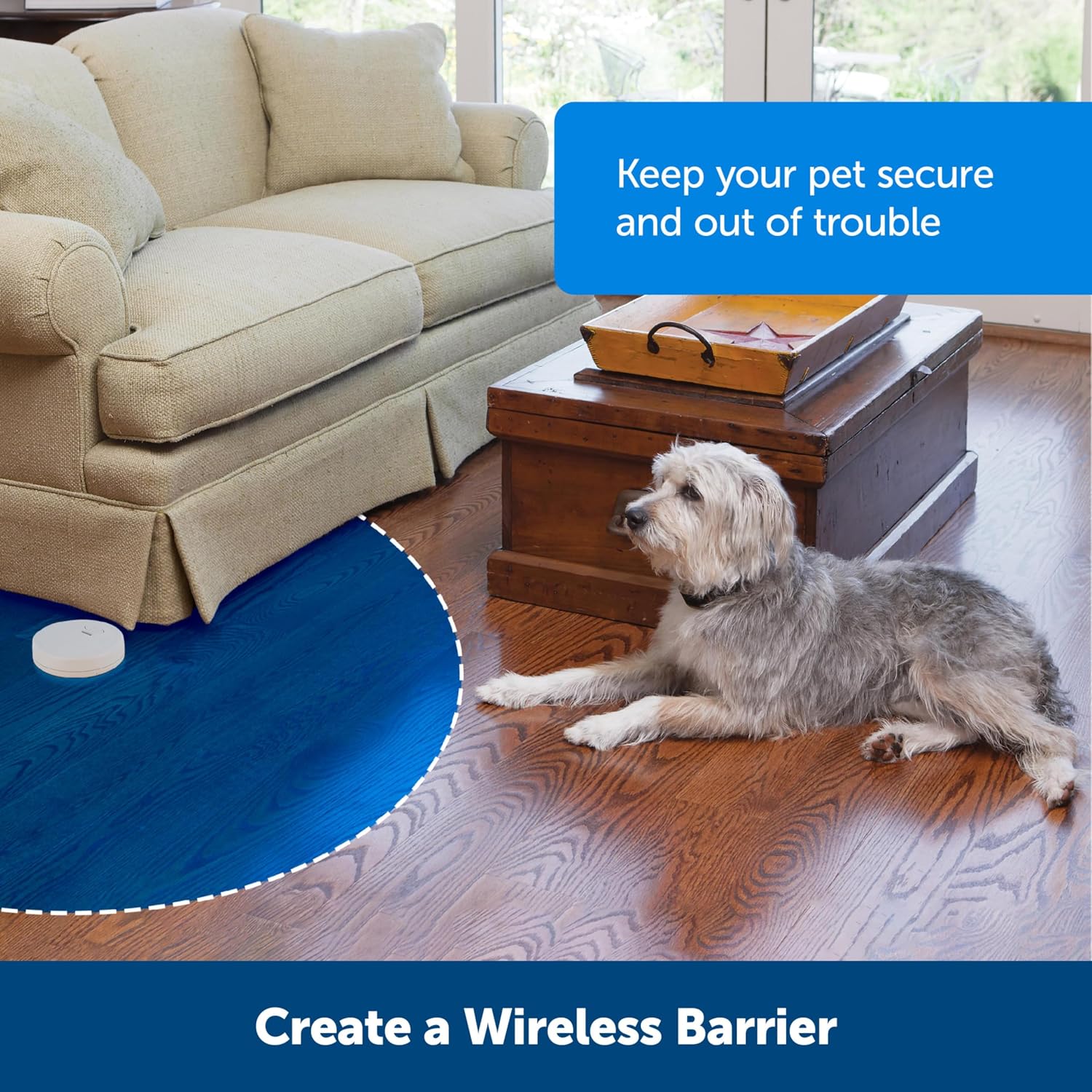 Adjustable range electronic indoor pet barrier transmitter showing battery compartment.