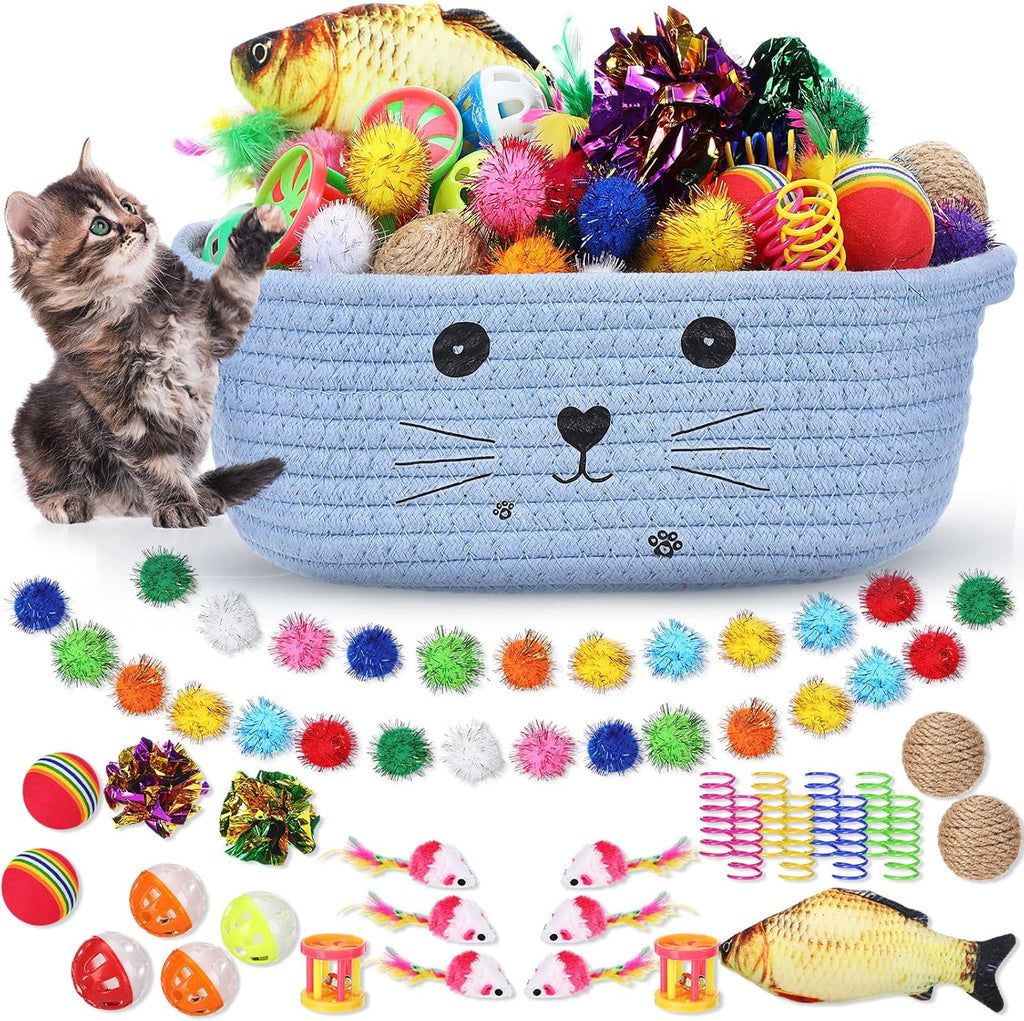 Zopeal 58 Pcs Summer Cat Storage Basket Gift Toys Set, Colorful Flashing Balls Pet Bell Crinkle Balls Spring Toys Attract Cat to Swat, Hunt, Interactive for Pet(Grey,9.8 Inch) - Image 14