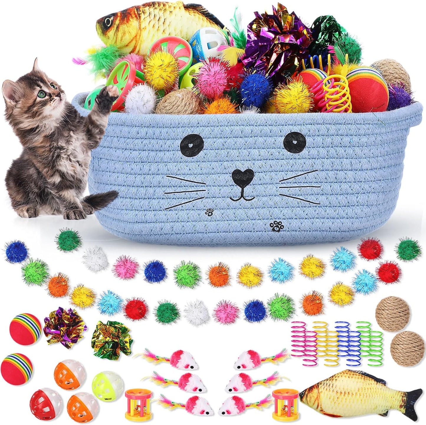Zopeal 58 Pcs Summer Cat Storage Basket Gift Toys Set, Colorful Flashing Balls Pet Bell Crinkle Balls Spring Toys Attract Cat to Swat, Hunt, Interactive for Pet(Grey,9.8 Inch) - Image 14